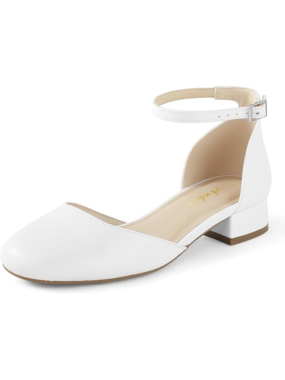 Women's White Pu Closed Toe 1 Inch Flat Low Block Heel Ankle Strap Shoes